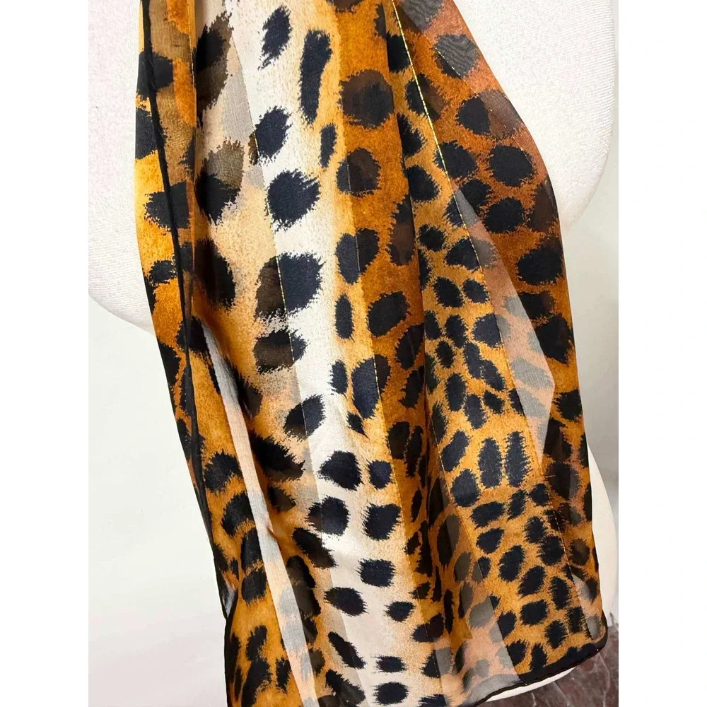 Vtg Jones New York Leopard Scarf Gold Metallic Stripe Animal Brown Black 52x10